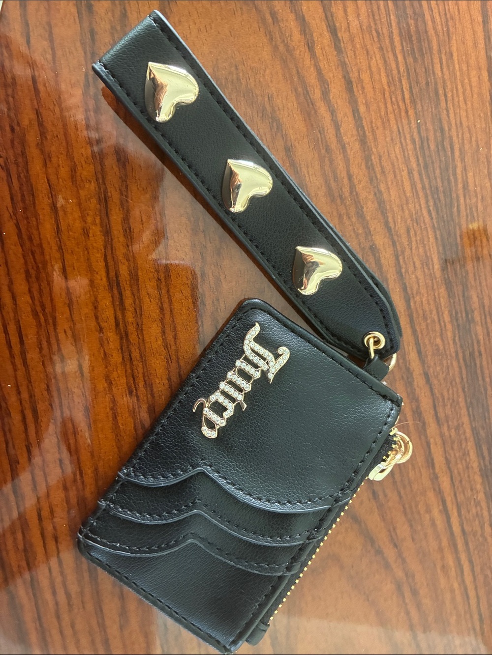 Black Leather Wristlet Card Case with Gold Heart Stud Strap
